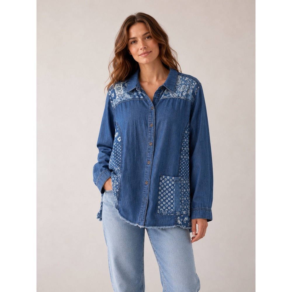 LOGO Lavish Denim Shirt Womens 1X Blue Patchwork Bandana Boho Shacket